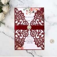 Wine Red Wedding Invitation Card With Ribbon Holiday Greeting Card Laser Cut